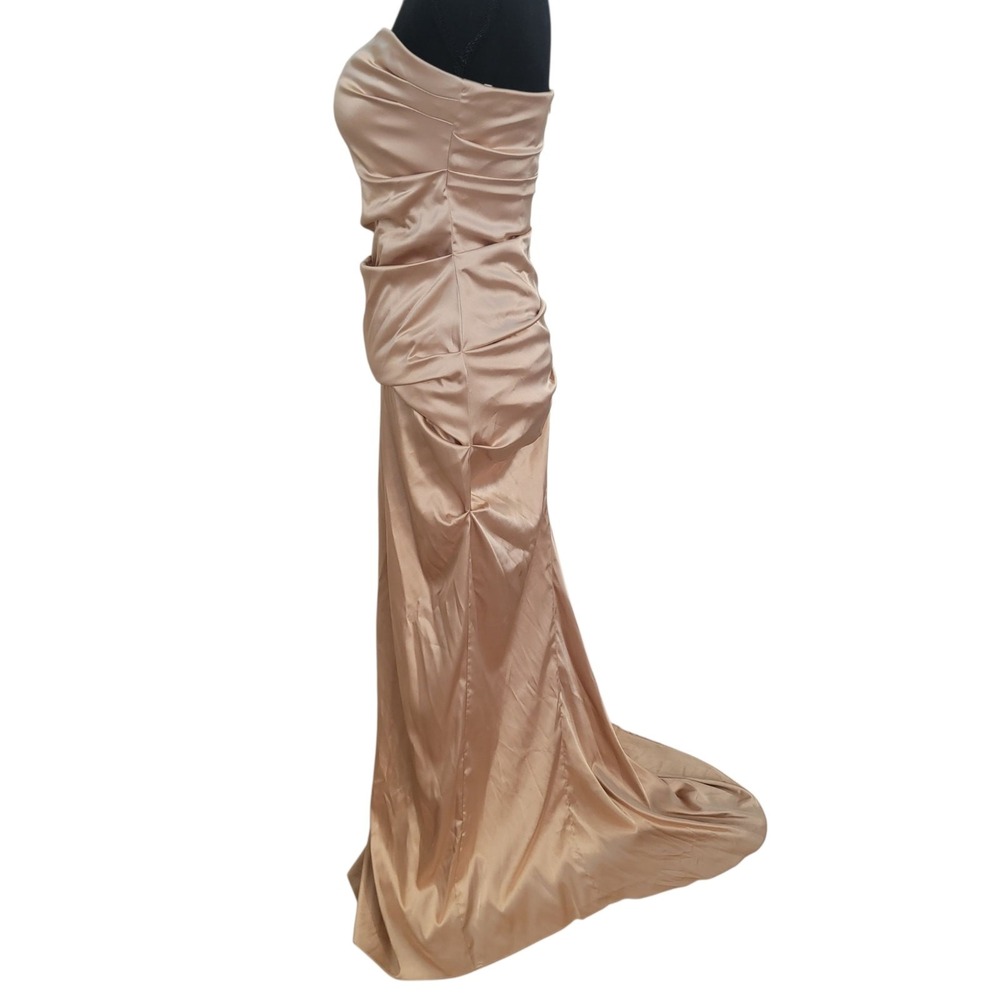 Vintage Y2K Gold Maxi Dress Sz 4 Tube Ruched Strapless Satin Homecoming Cocktail - Picture 7 of 9